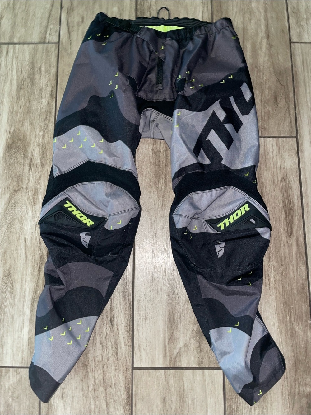 Thor Sector Camo, Black Gray Motocross Pants with Neon Accents, Size 34